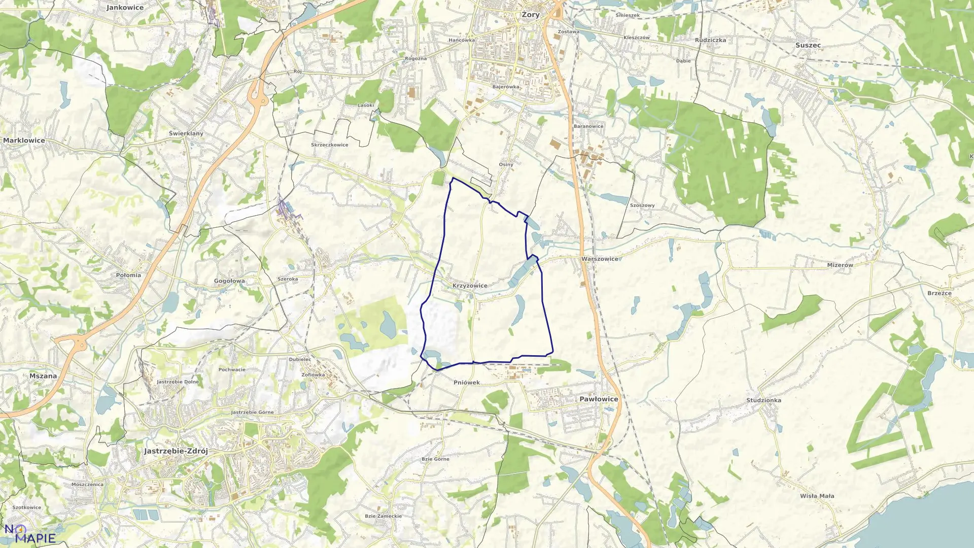 Mapa obrębu Krzyżowice w gminie Pawłowice