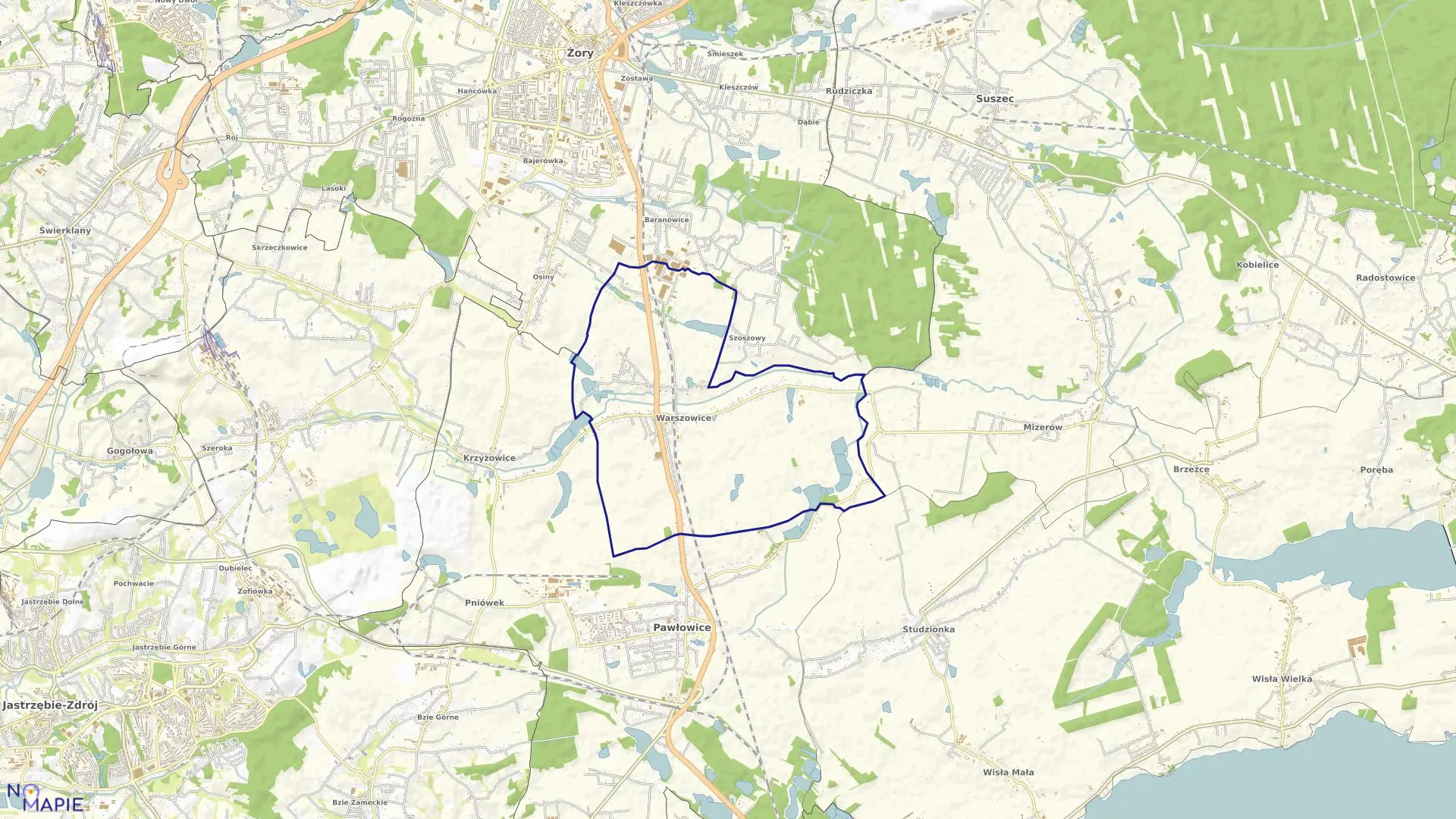 Mapa obrębu Warszowice w gminie Pawłowice